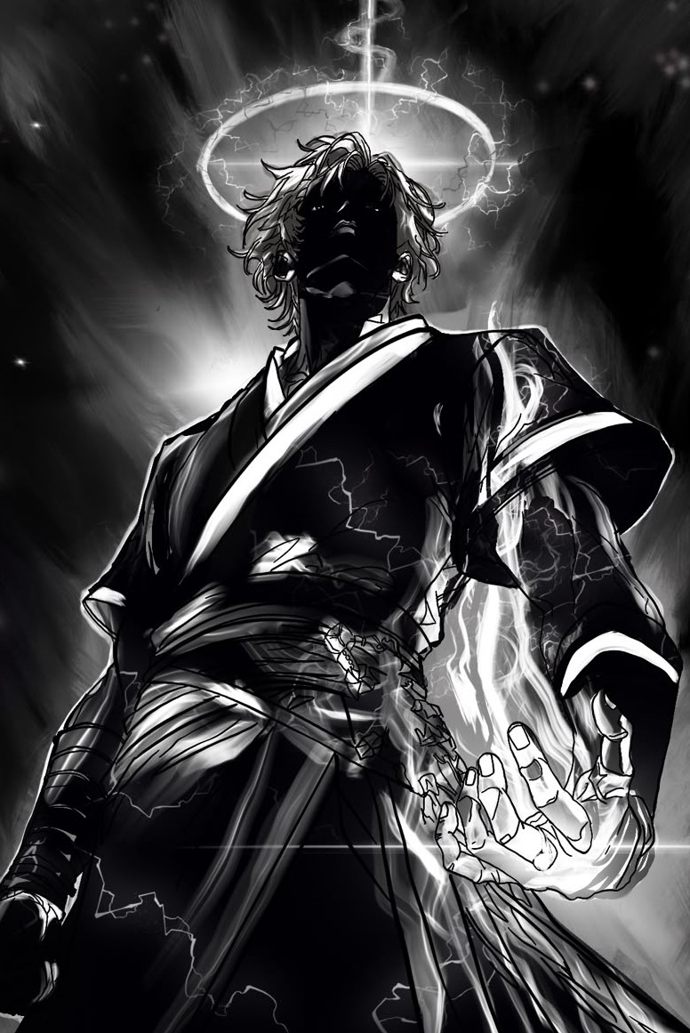 Zayn — character concept with lightning halo and dark robes